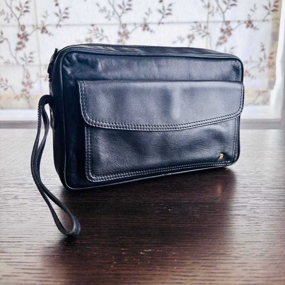 Bally Black Leather Wristlet Clutch Organizer Bag Made in Italy
